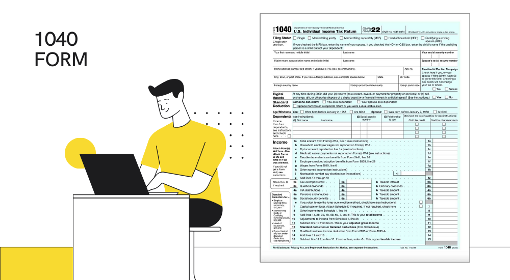 The image of the man and the blank printable 1040 tax form at the background